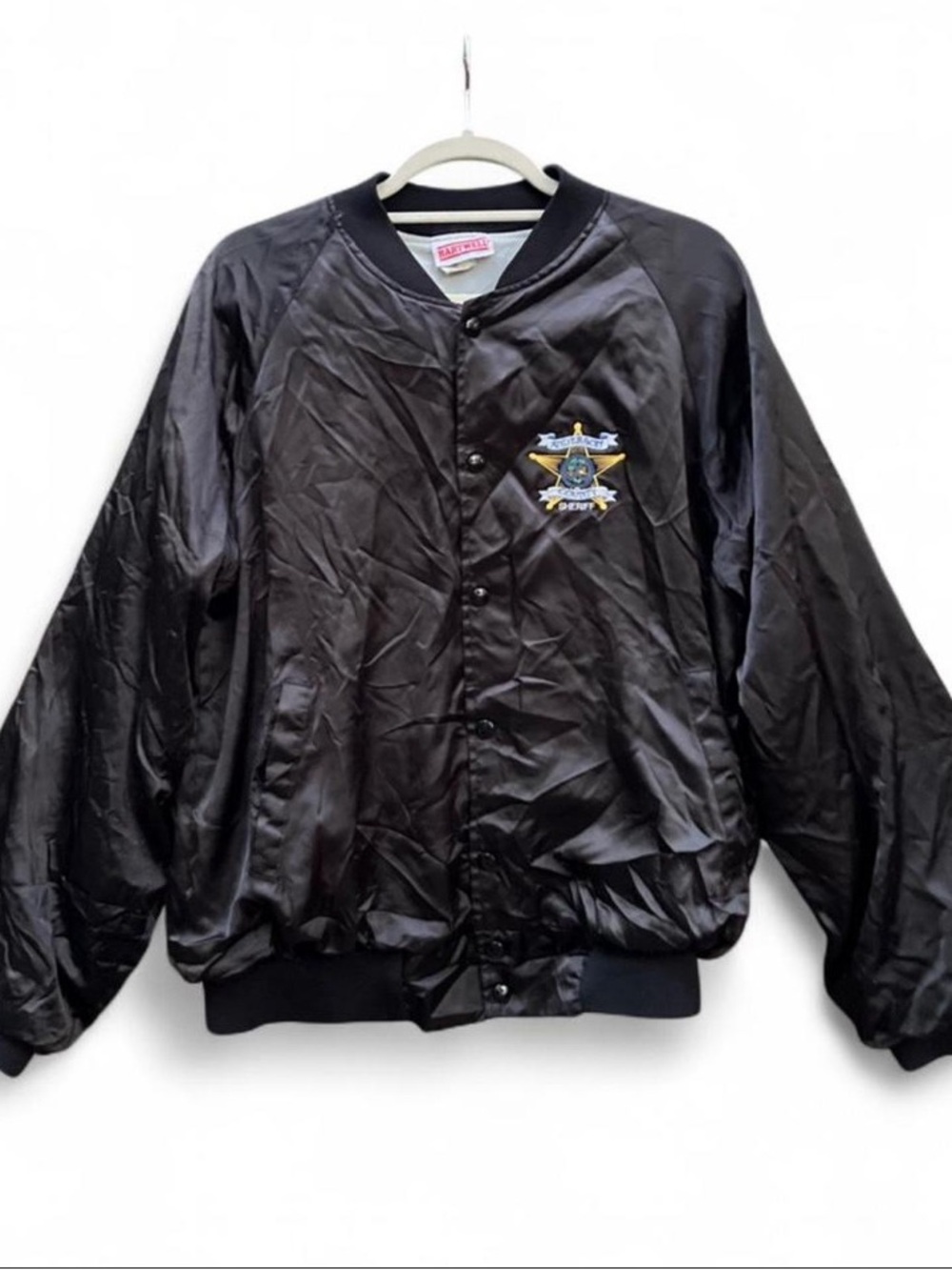 Vintage HARTWELL Sheriff Black Satin Bomber Jacket with Embroidered Crest